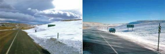 Conditions at Wyoming I-80 Mile 208.8 before the construction of snow fences, left, and conditions at the same location as they have appeared for 31 years after building snow fences.