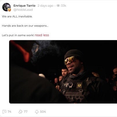 A screenshot of the Parler account belonging to Proud Boy leader Enrique Tarrio.