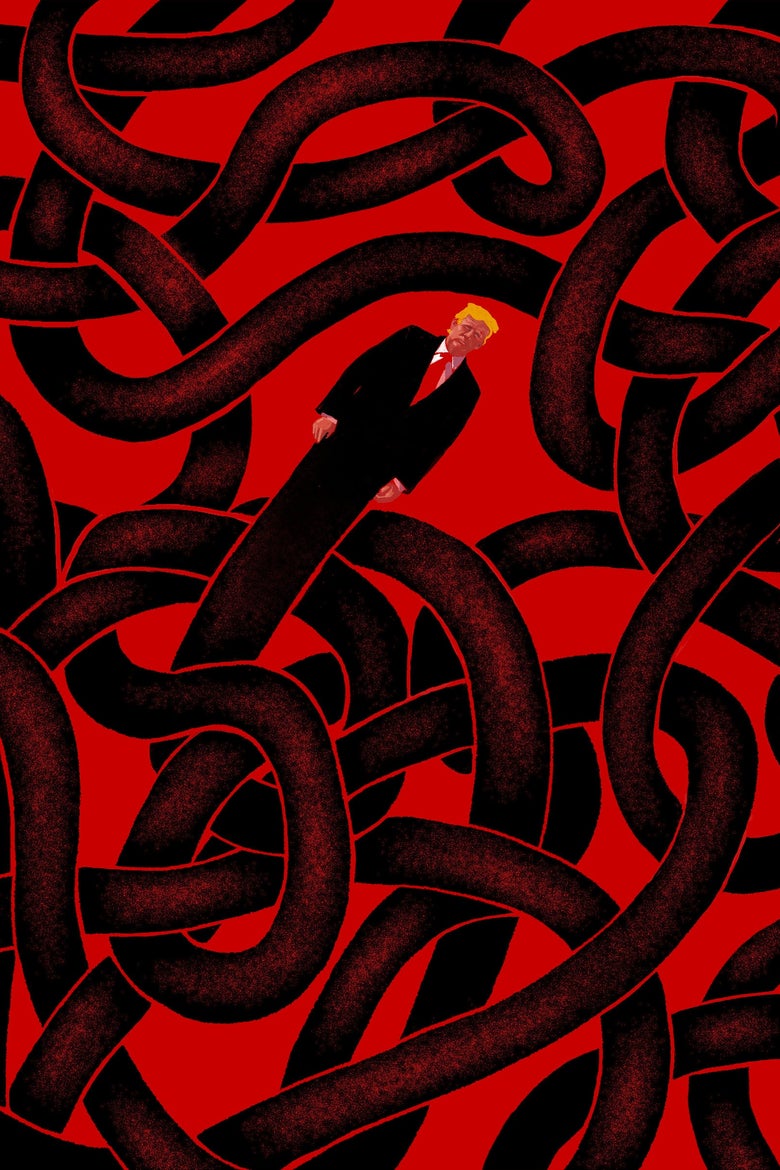 Black squiggly lines that turn into the suit of Trump.
