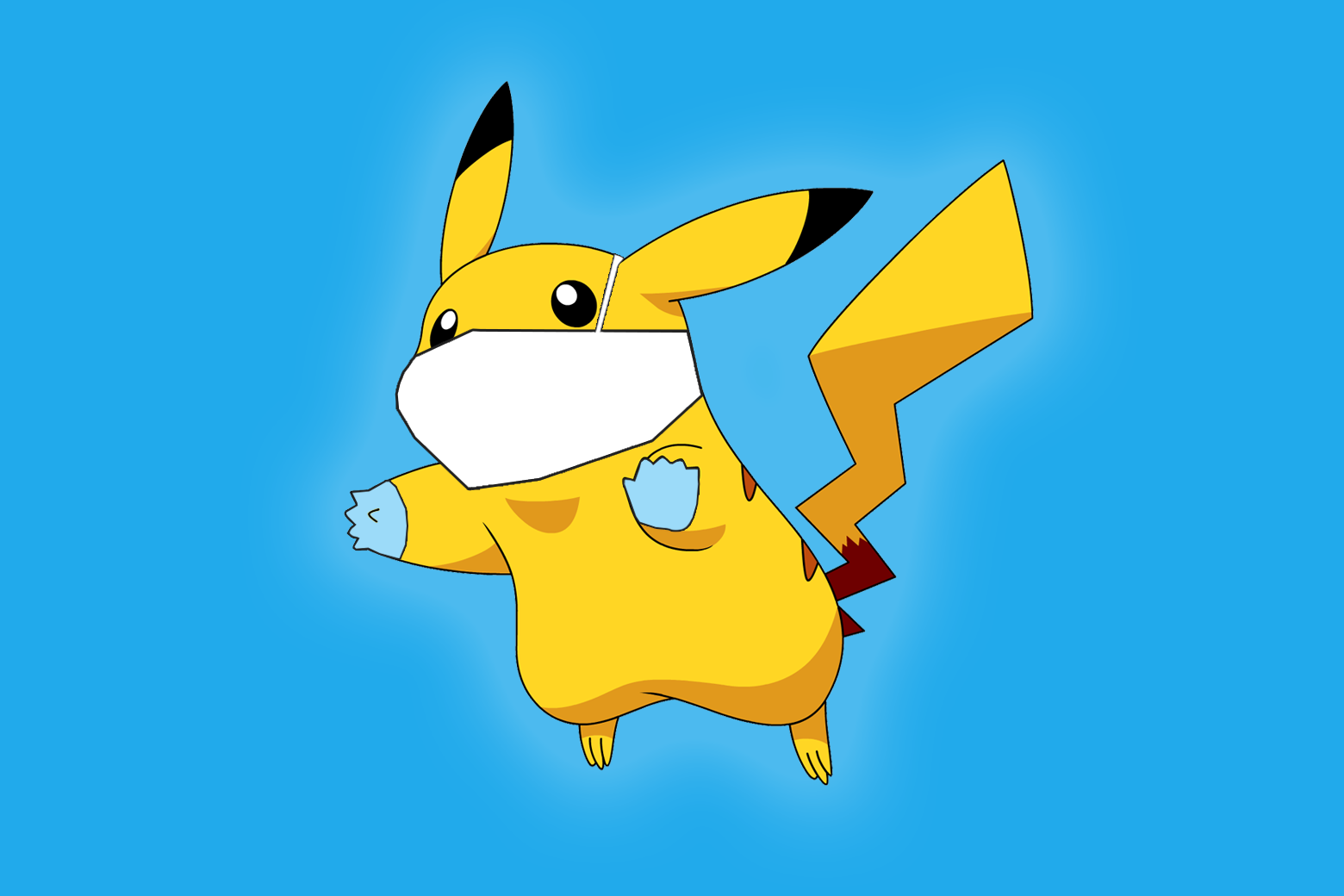 Pikachu leaps forth, wearing a surgical mask and gloves