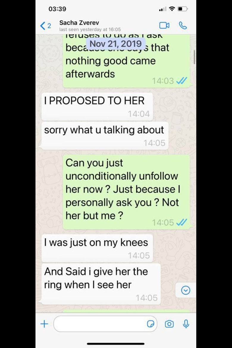 WhatsApp exchange with messages from Zverev saying he proposed to Sharypova