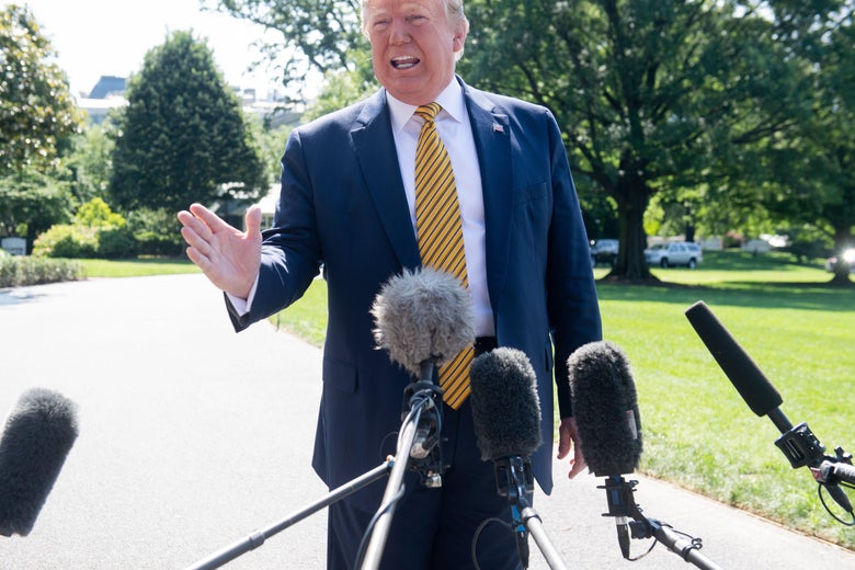 President Donald Trump speaks to the media prior to departing on Marine One from the South Lawn of the White House in Washington, D.C. on June 22, 2019, as he travels to Camp David, Maryland.