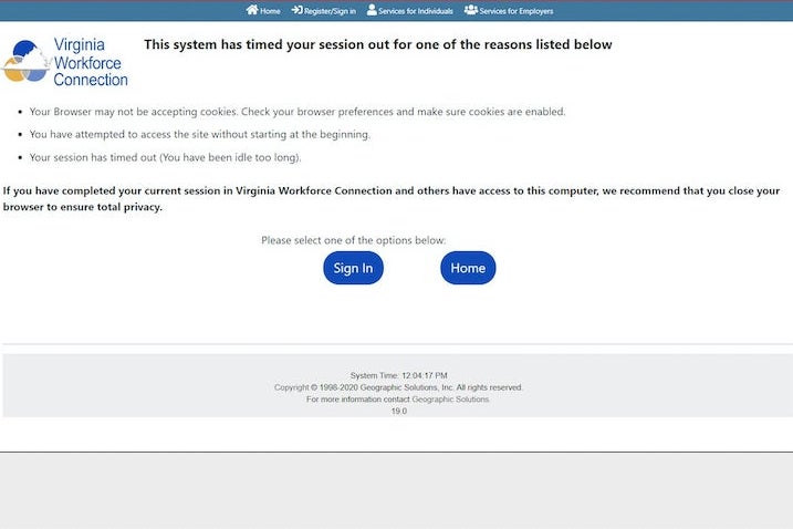 A page with the notification "This system has timed your session out."