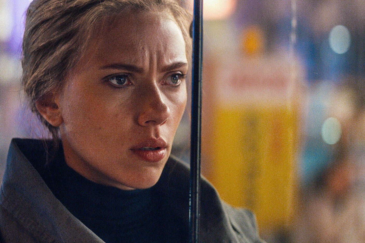 Close-up on Scarlett Johansson's face.