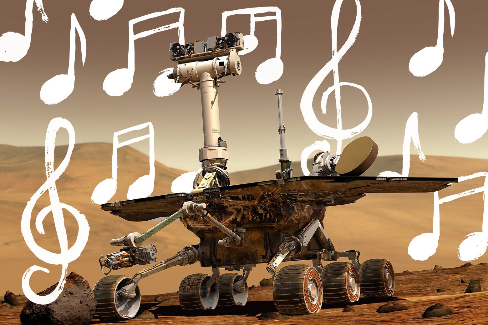 The Mars rover surrounded by musical notes.