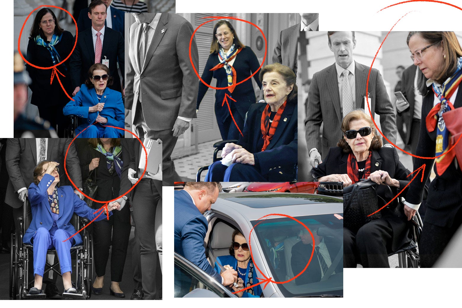 Several images of Dianne Feinstein being accompanied by Nancy Corinne Prowda, Nancy Pelosi’s daughter, with Prowda circled and arrows pointing to her to emphasize the point