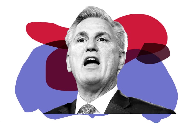 Kevin McCarthy's head is seen with his mouth open, against a background of red, white, blue, and purple shapes.