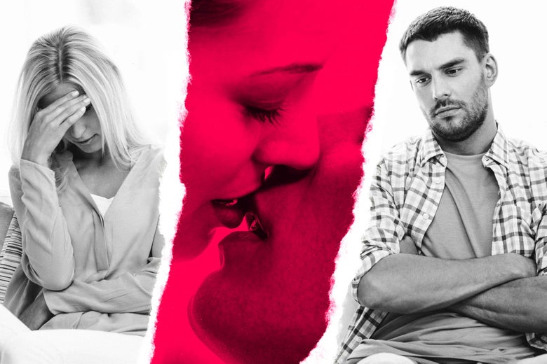 Photo illustration: In a paper-torn–like image, a woman holds her head with one hand on the left while a guy sits with crossed arms and visible frustration on the right. In the center is a close-up of a kissing couple.