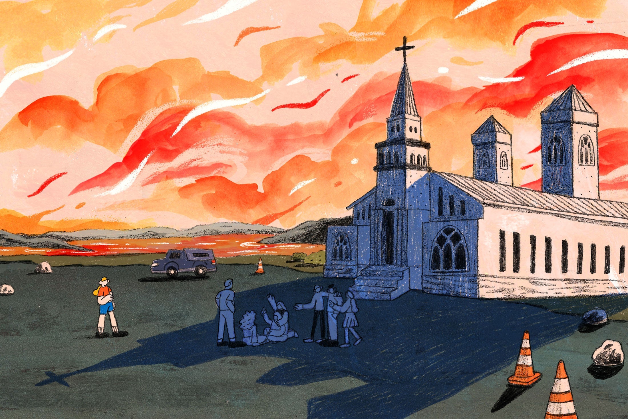 Illustration of a group of teens in front of a church watching the sun set in the background.