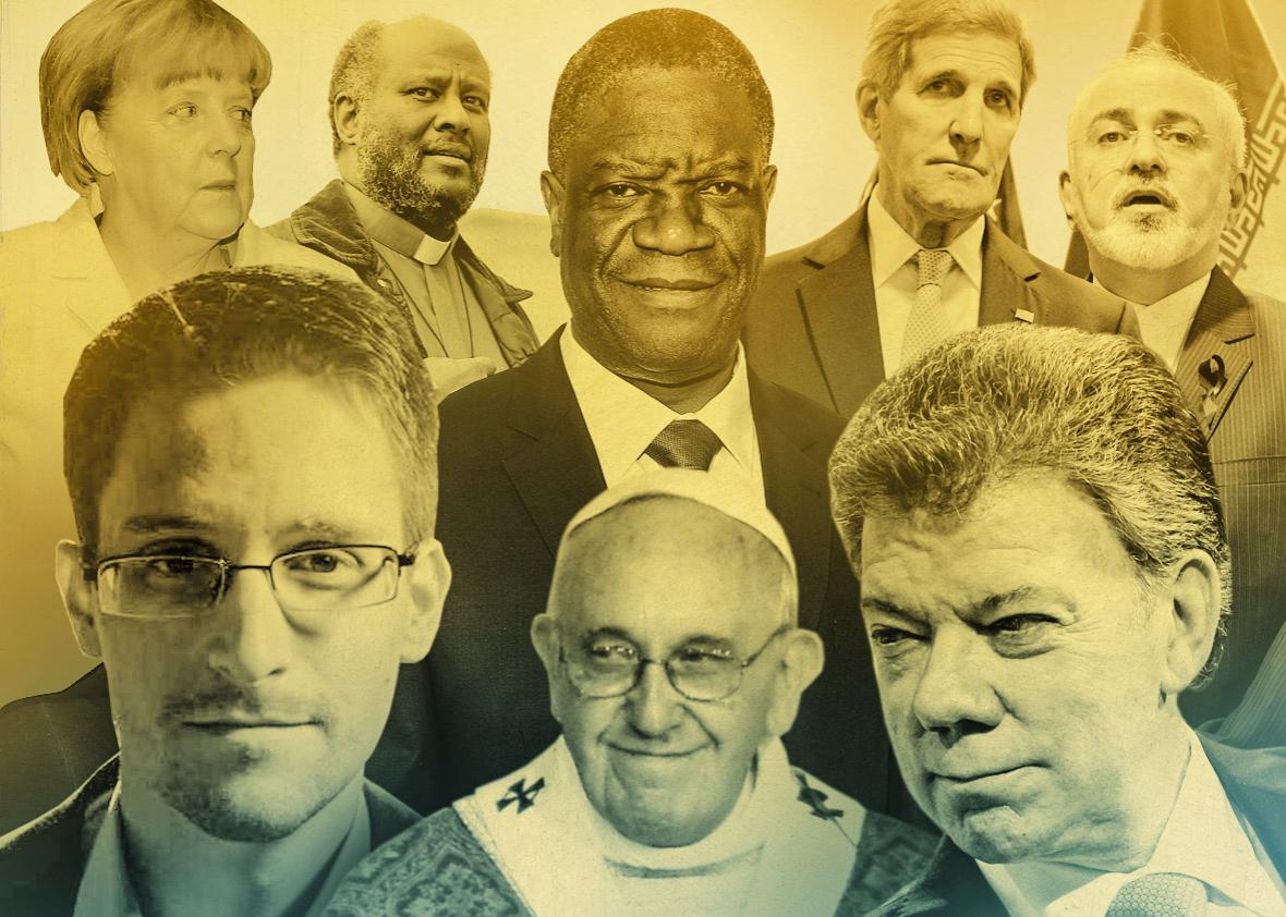 Nobel Peace Prize contenders: Angela Merkel, Edward Snowden, Mussie Zerai, Denis Mukwege, Pope Francis, Juan Manuel Santos, John Kerry, and Javad Zarif.