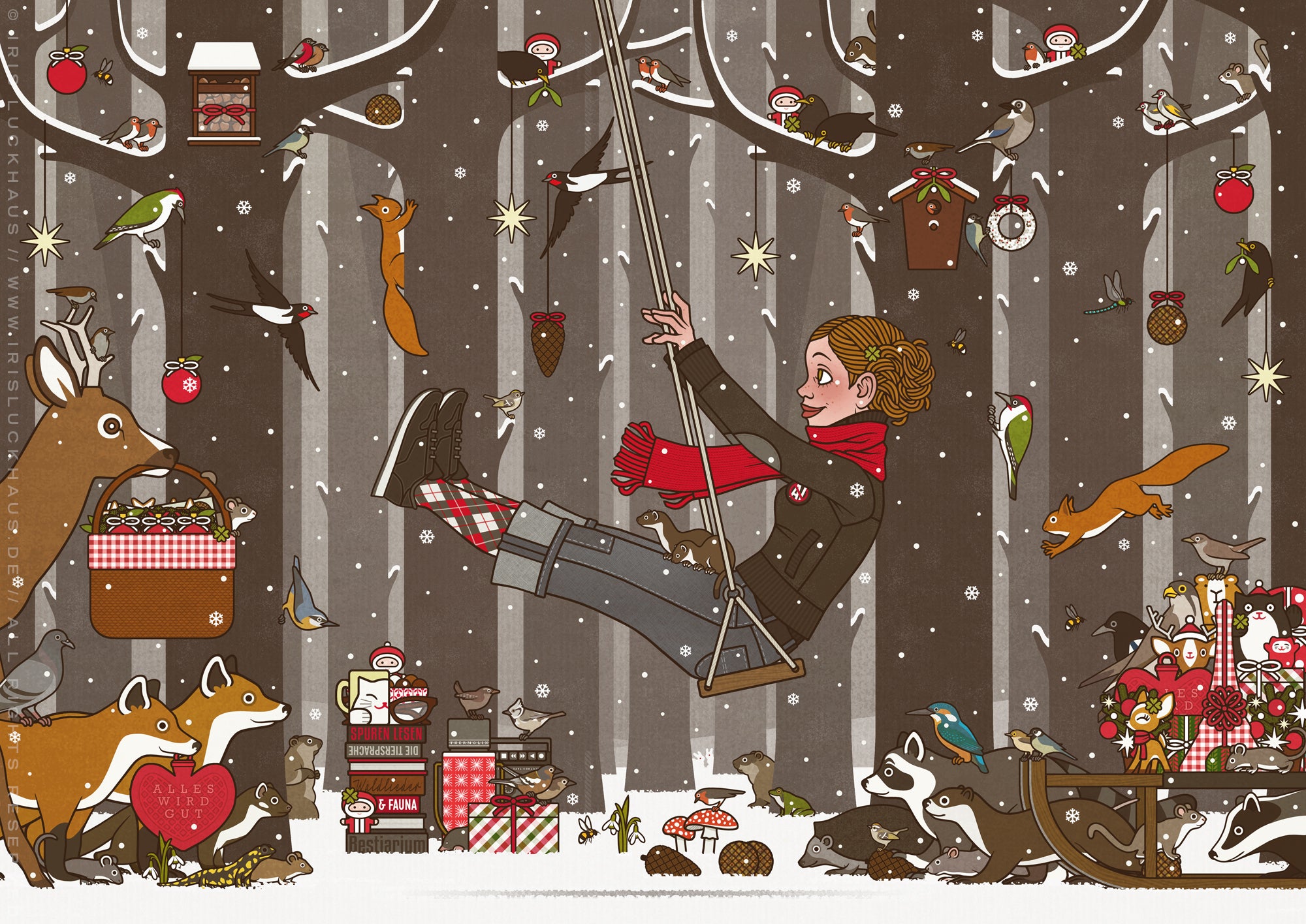 A holiday card features a woman on a swing in a festive, snowy scene.