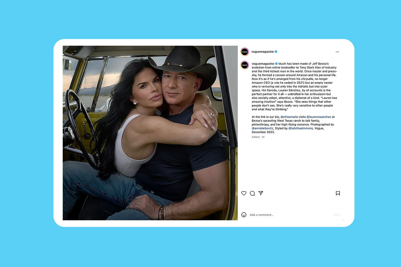 Jeff Bezos and Lauren Sanchez in the infamous Texas ranch cowboy hat photo for Vogue, on Vogue's Instagram. 
