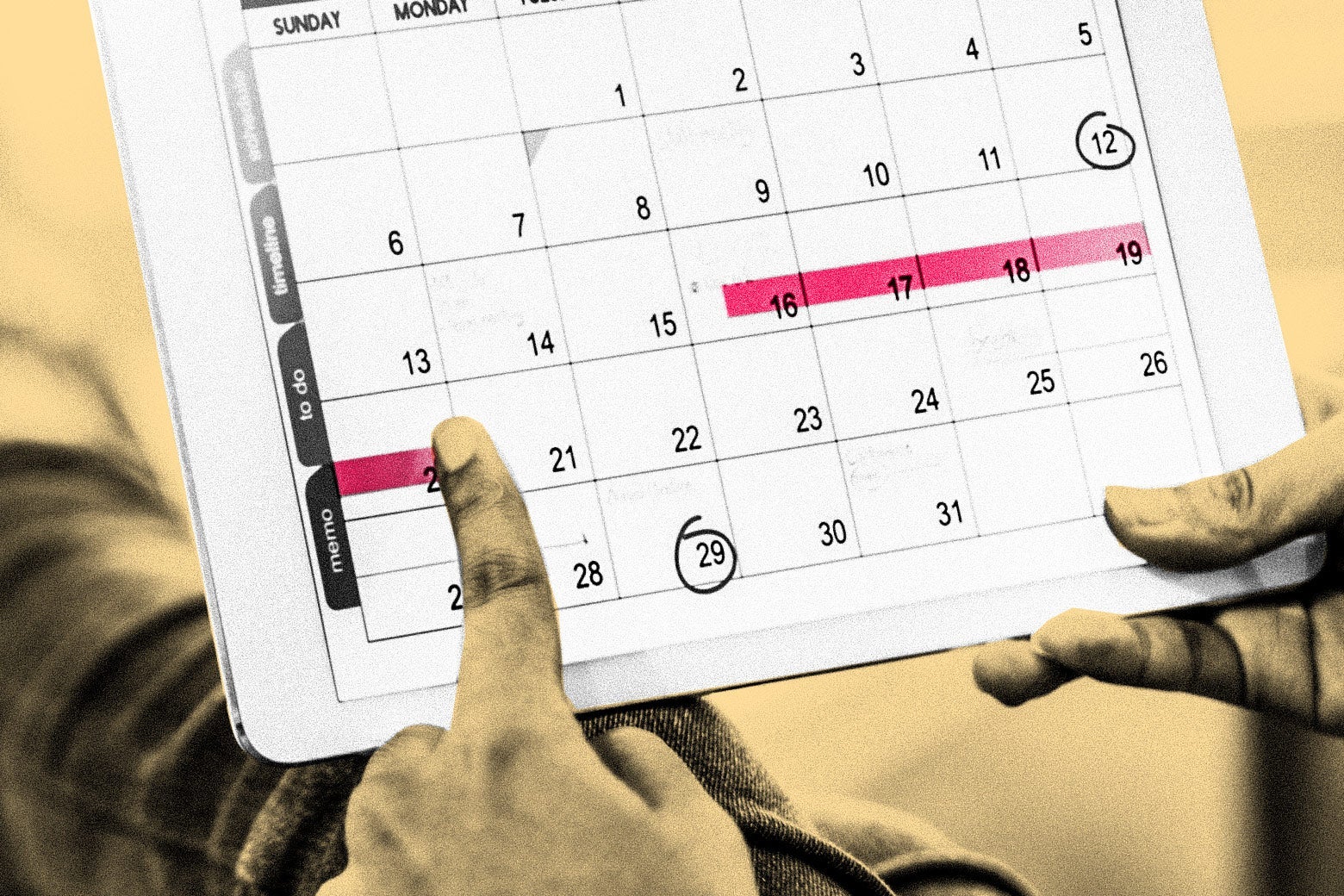 A person uses a tablet showing a calendar with their period marked off.