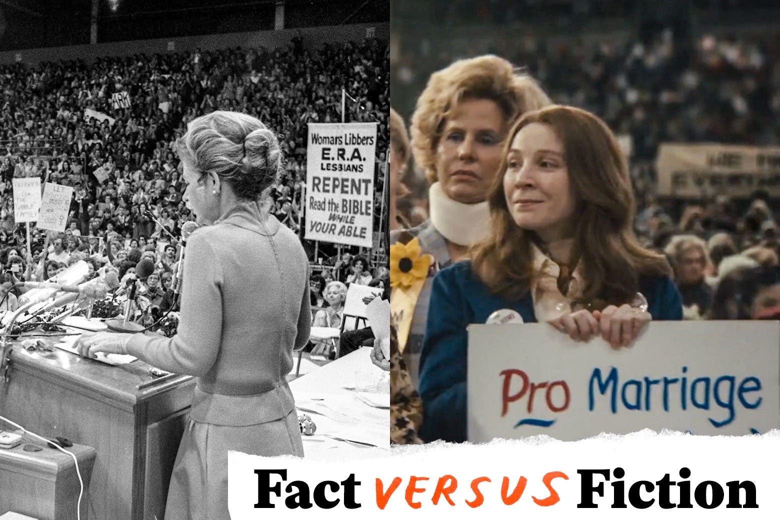 The two crowds look remarkably similar, with signs raised including "Pro Marriage." In the bottom right, a logo reads "Fact vs. Fiction."