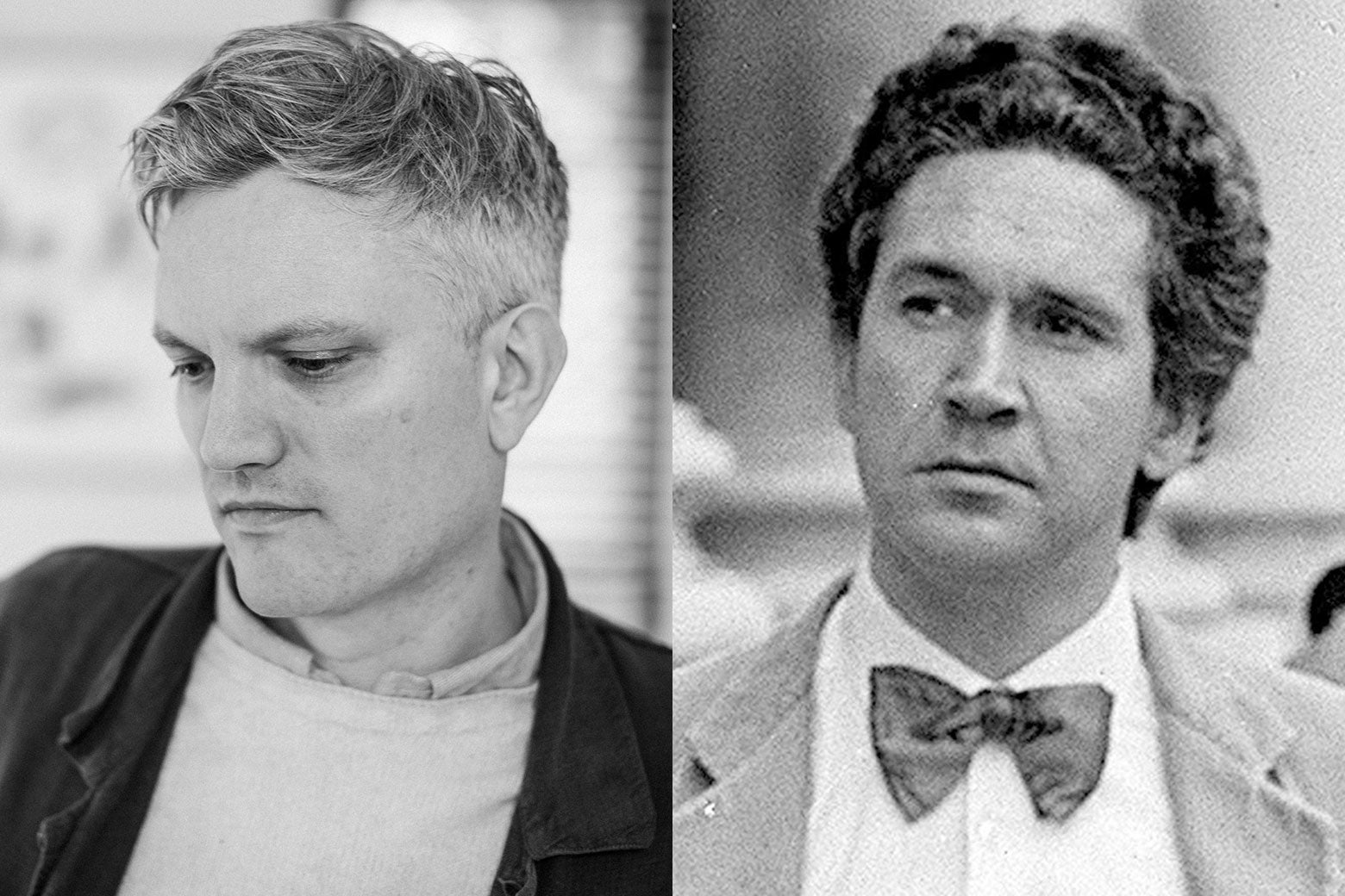 Black-and-white photos of Mark O'Connell (left) and Malcolm Macarthur are juxtaposed.