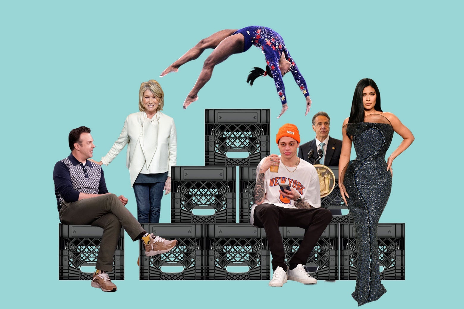 A stack of black milk crates surrounded by celebrities.