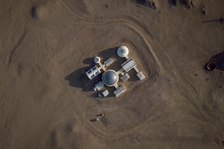 An aerial photo of Mars Base 1, a simulated Mars base that is in the Gobi Desert, definitely not on Mars.