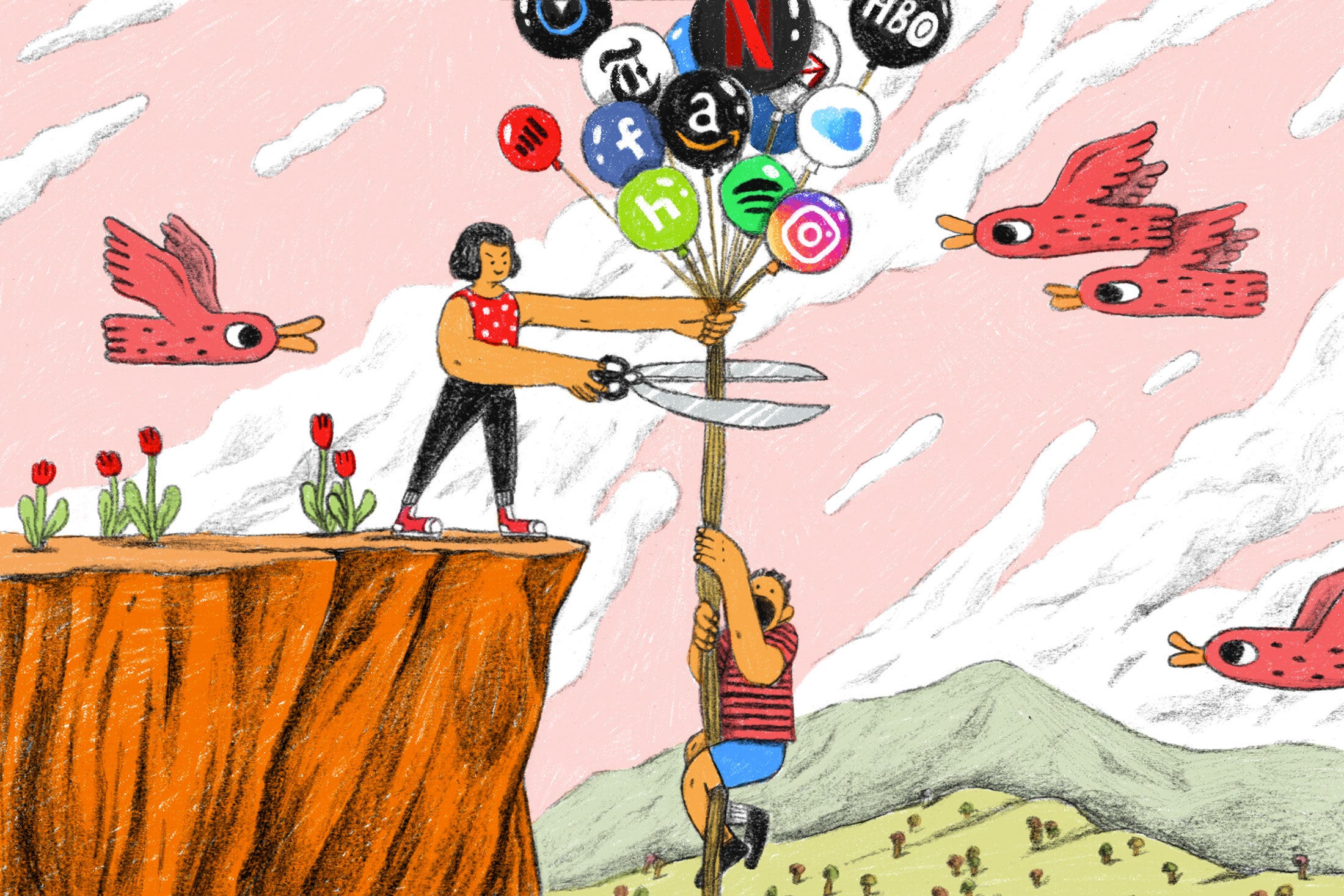 Illustration: A woman wields giant scissors about to cut a set of balloons featuring various service logos. A man is clutching the balloons by their strings below where the woman is going to cut them.