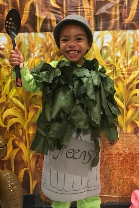Jamilah's daughter Niema dressed up for Halloween as greens. 