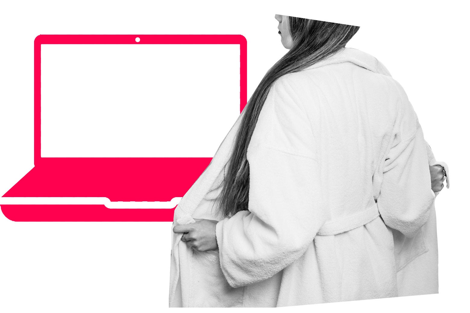 Woman taking off a robe in front of an illustration of a computer screen