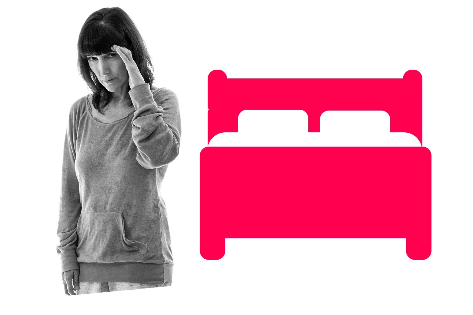 A woman shielding her eyes from a graphic illustration of a bed.