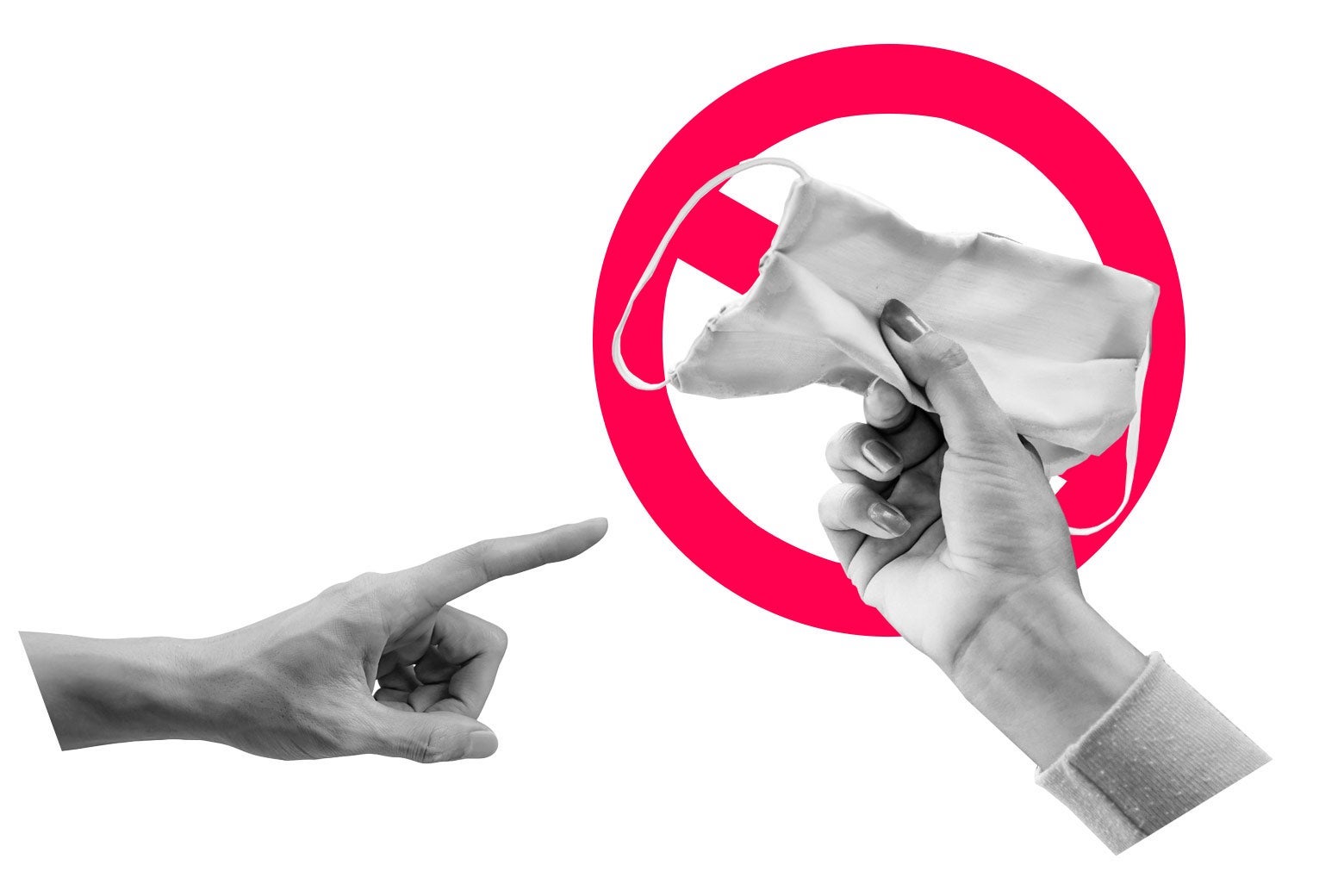 Hand pointing at a different hand holding a face mask.