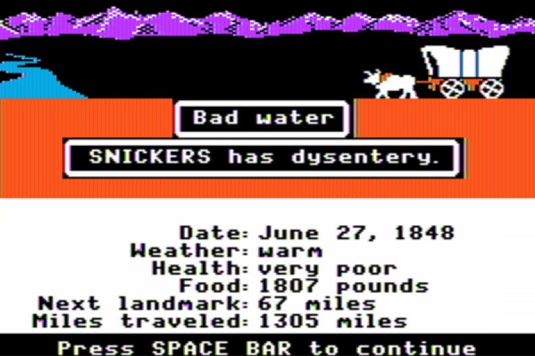 Oregon Trail game screenshot of a covered wagon with the notice "Bad water. Snickers has dysentery" and details on weather, health, and distance traveled.