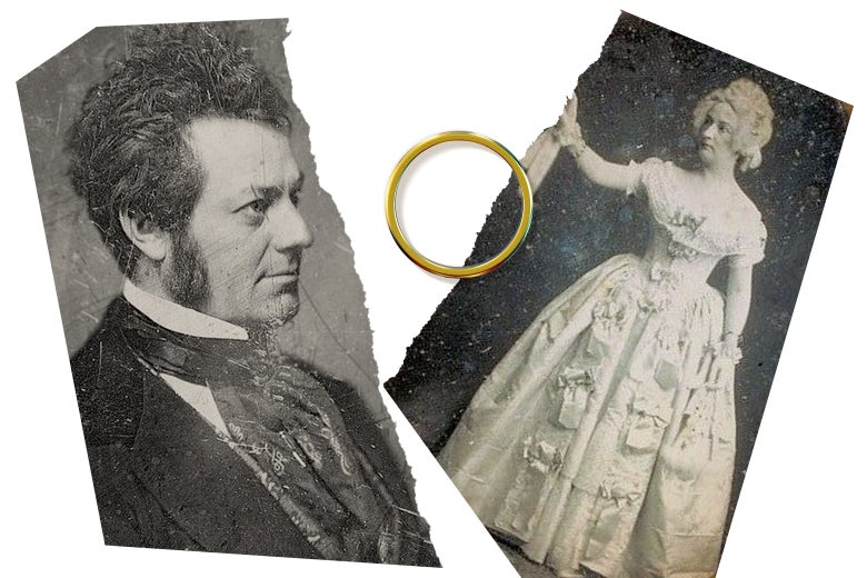 Torn photos of Edwin Forrest and Catherine Sinclair with a gold wedding ring between them