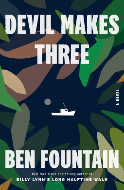 The cover of Devil Makes Three is a white boat seen from far away between tree leaves. 