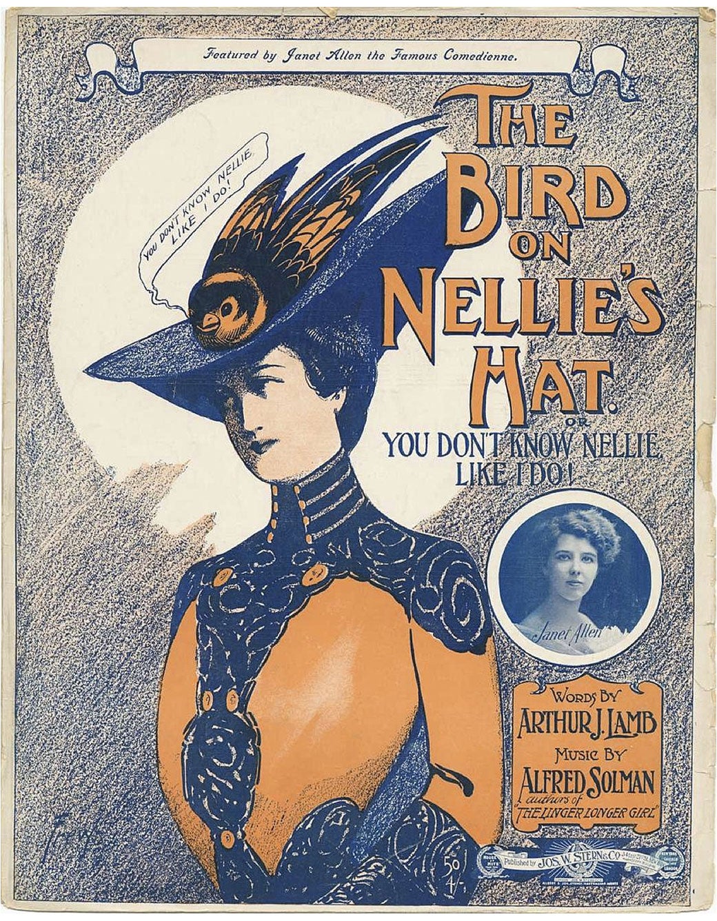 Vintage sheet music, titled "The Bird on Nellie's Hat," featuring an illustration of a 19th-century woman wearing an elaborate bird hat.