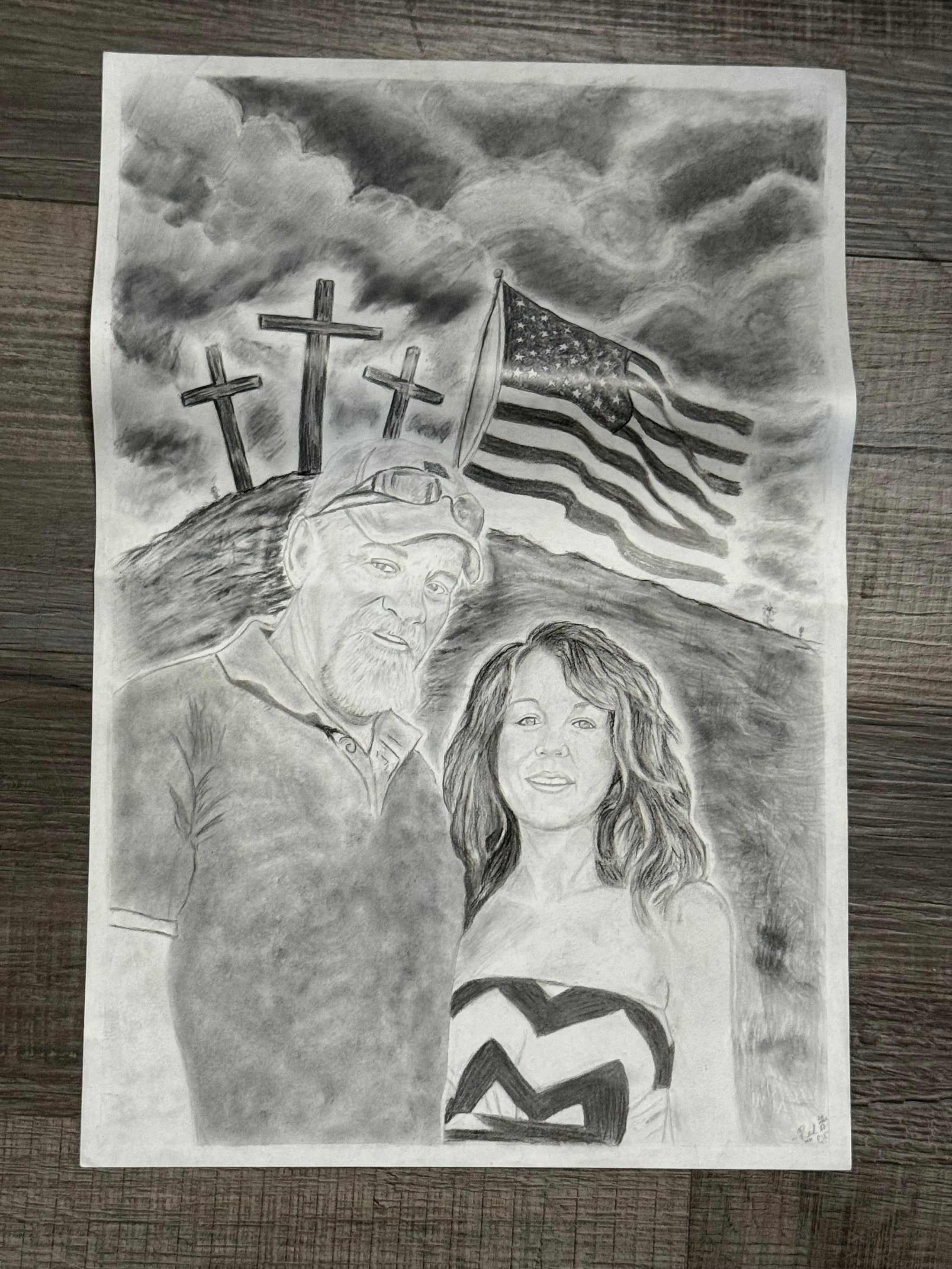 Pencil sketch of a couple in front of an American flag and three crosses.