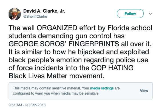 Screen shot of David Clarke's tweet about Parkland students being organized by George Soros.
