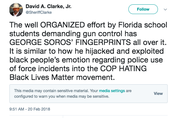 Screen shot of David Clarke's tweet about Parkland students being organized by George Soros.