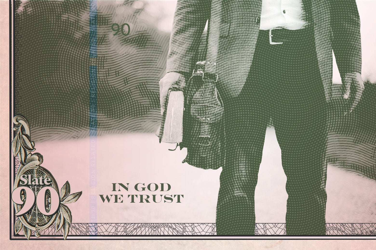 Paper currency showing a man walking with a bible.