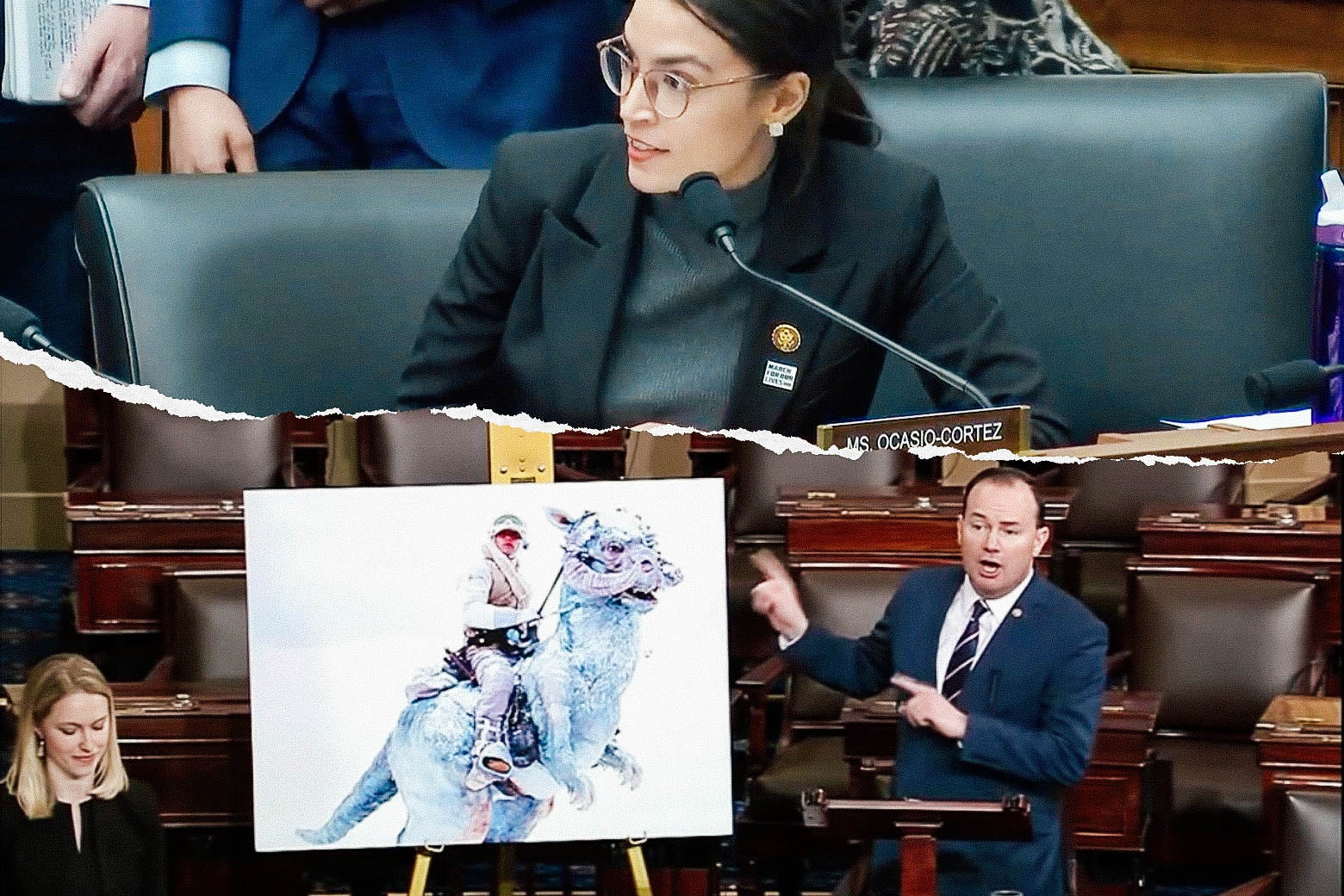 Photo illustration of New York Rep. Alexandria Ocasio-Cortez and Utah Sen. Mike Lee discuss climate change, albeit differently, on Capitol Hill.