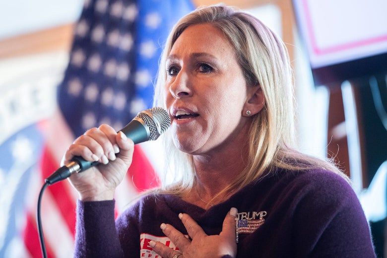 Marjorie Taylor Greene, Republican nominee for Georgia's 14th Congressional District, speaks during a campaign event