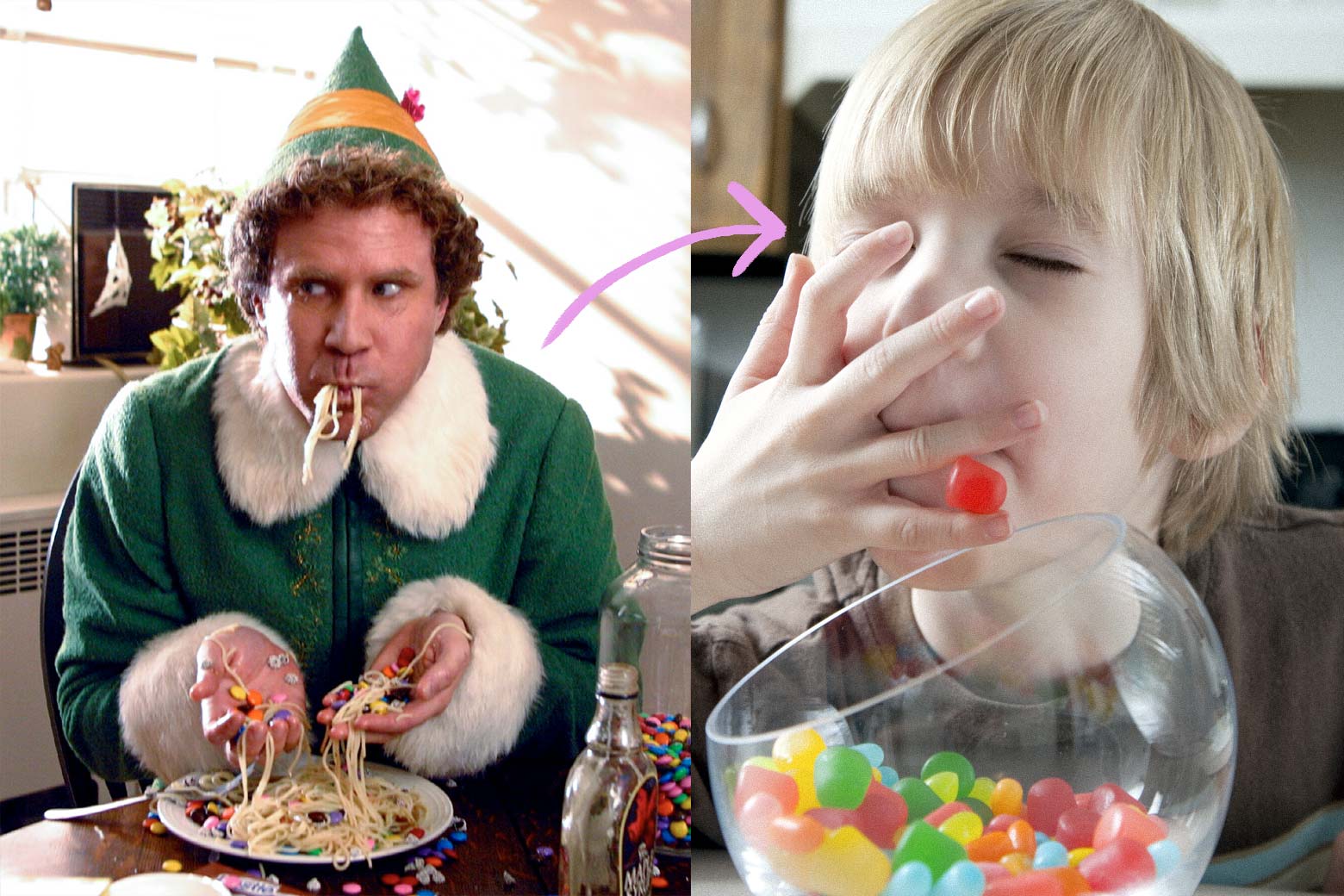 Buddy the Elf eats a meal consisting primarily of candy, and so does a little kid.