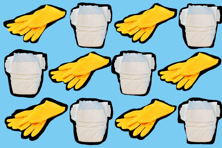Alternating yellow rubber gloves and diapers.