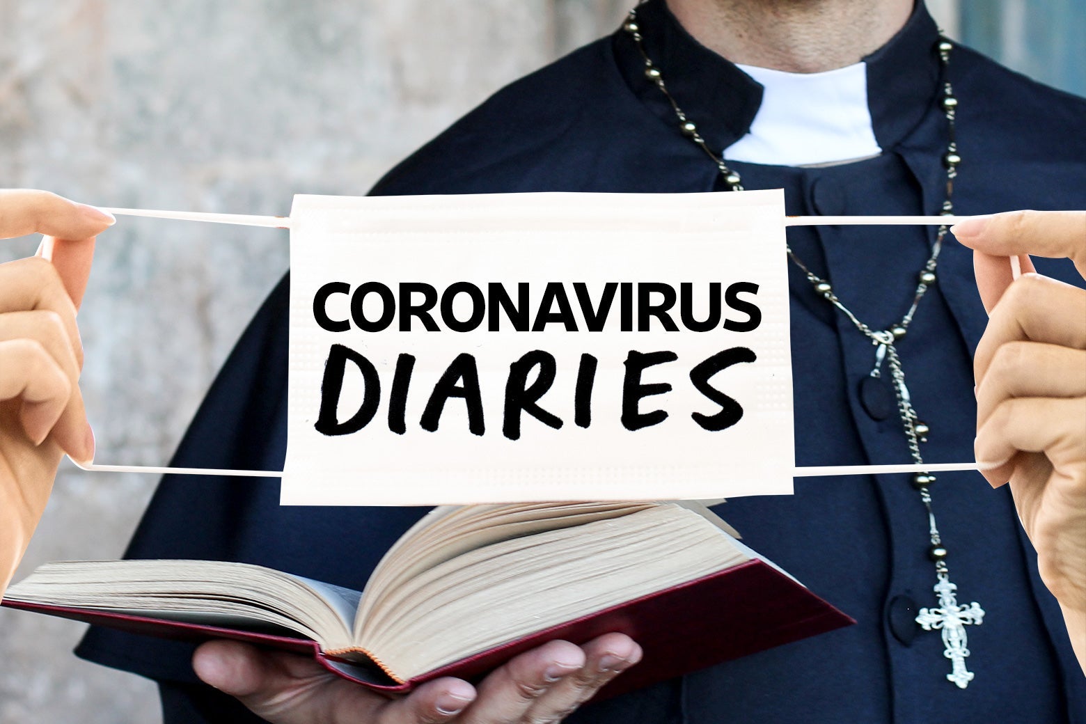 Two hands holding a mask that says "Coronavirus Diaries" over a photo of a priest holding an open book