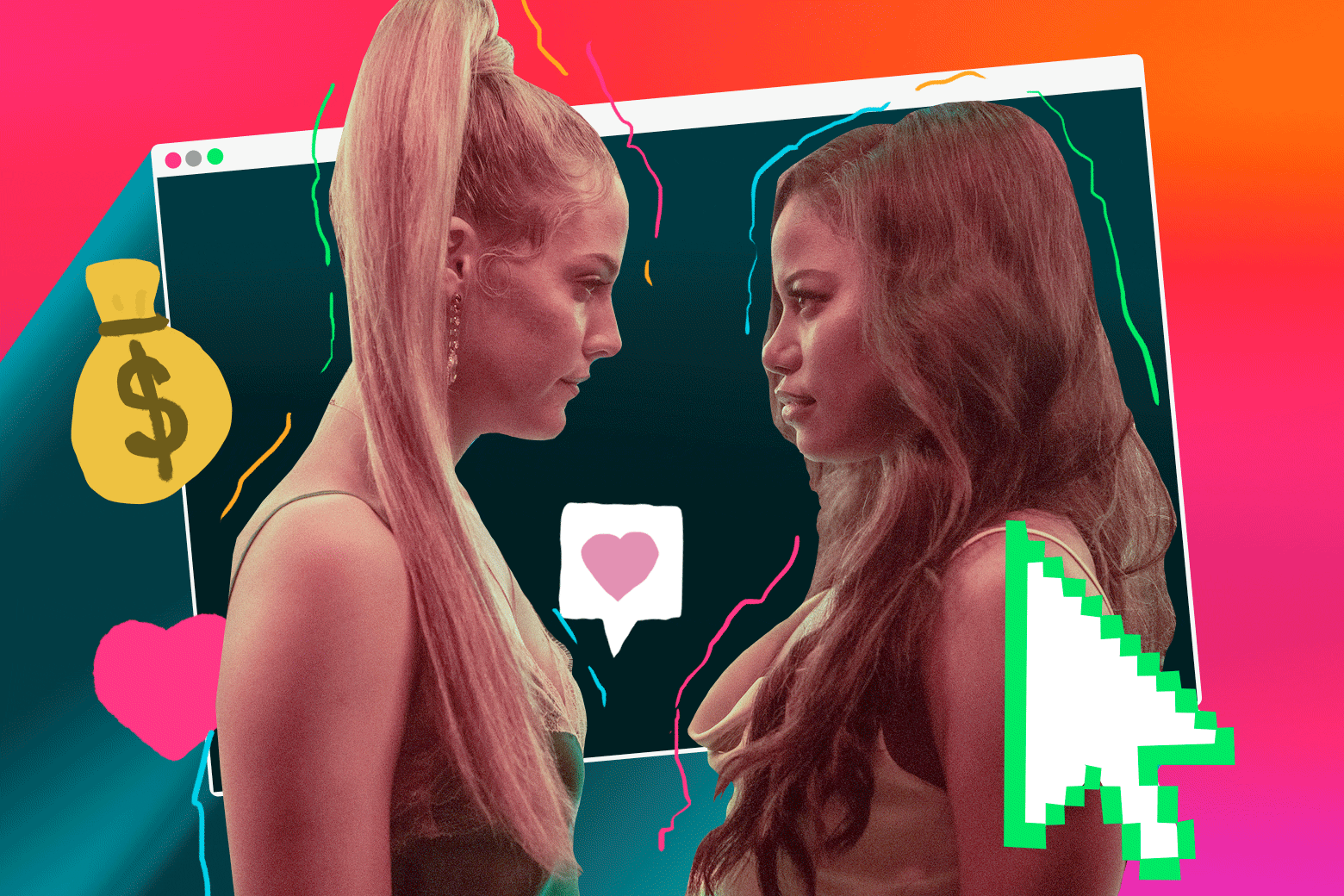 Riley Keough and Taylor Paige in Zola, surrounded by animated heart and money bags emojis