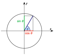 The relationship between an angle, its sine, cosine and a circle.