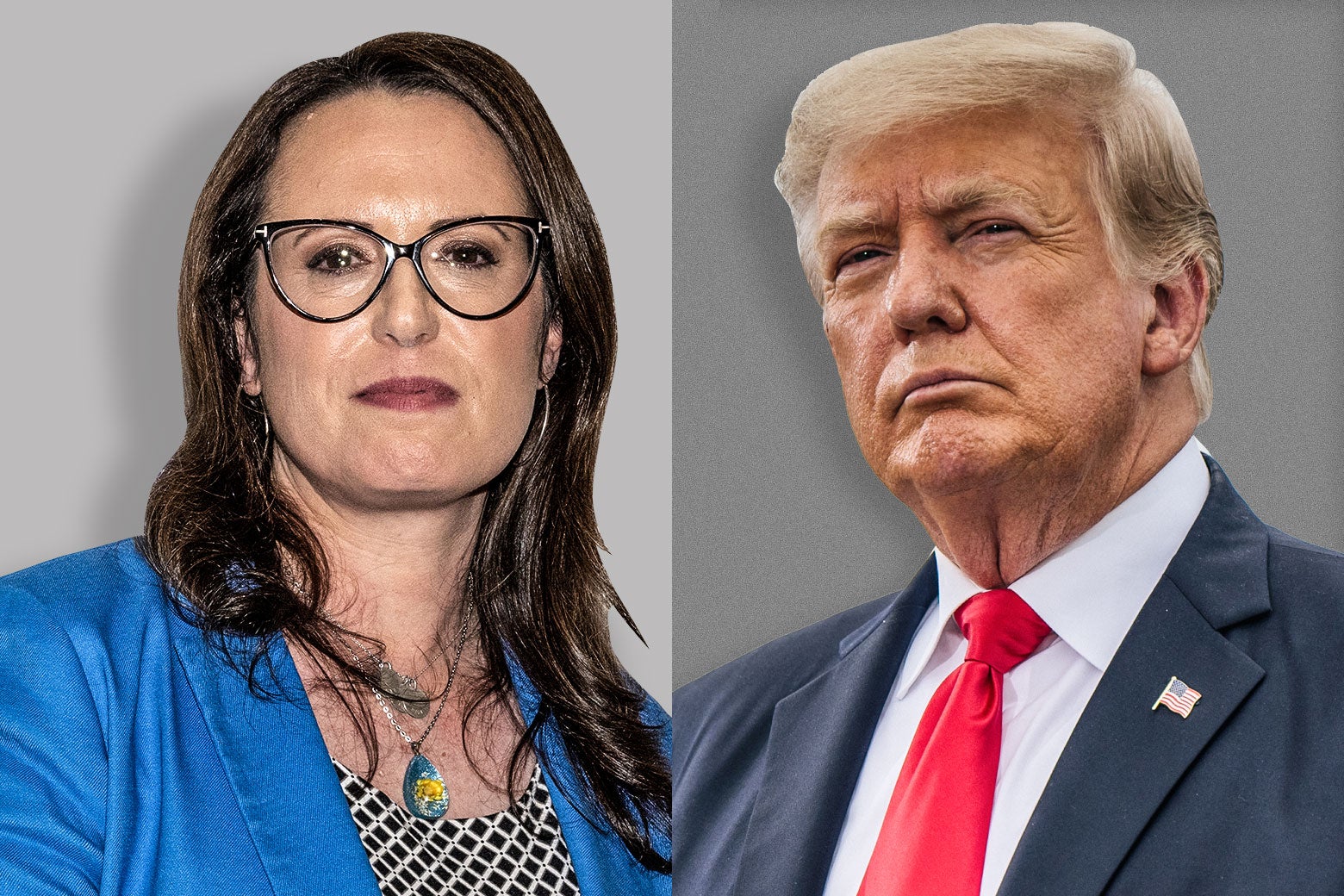 Maggie Haberman, a woman with brown hair and glasses, staring at the camera. Next to her is Donald Trump, doing the squinting thing he does