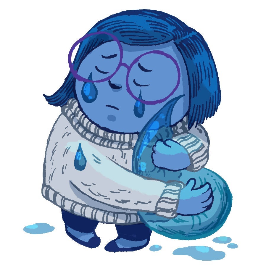 Illustration of Sadness crying and hugging a teardrop.