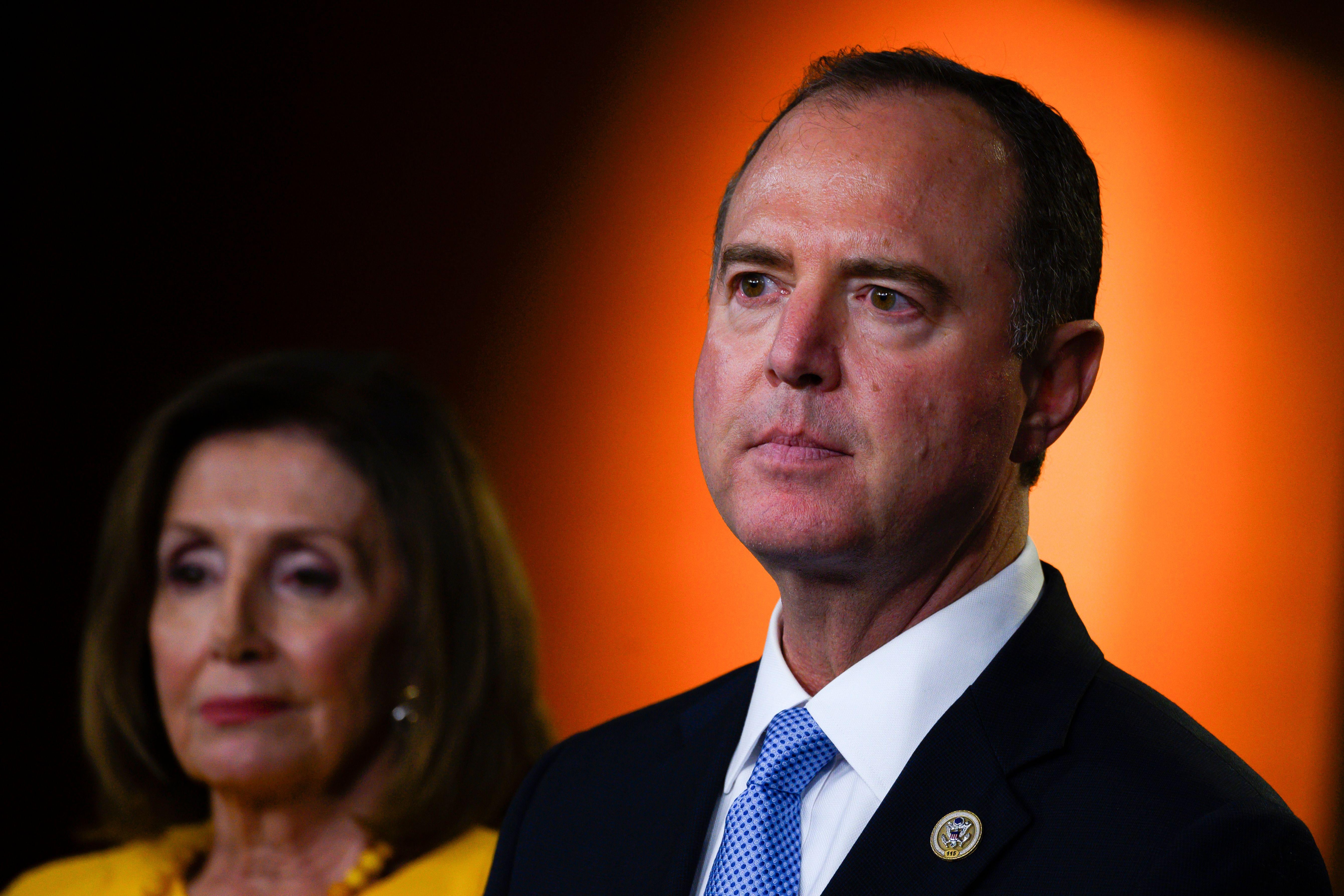 House Speaker Nancy Pelosi and House Intelligence Committee Chairman Adam Schiff deliver a press conference following the former Special Counsel's testimony before the House Select Committee on Intelligence in Washington, D.C. on July 24, 2019. 
