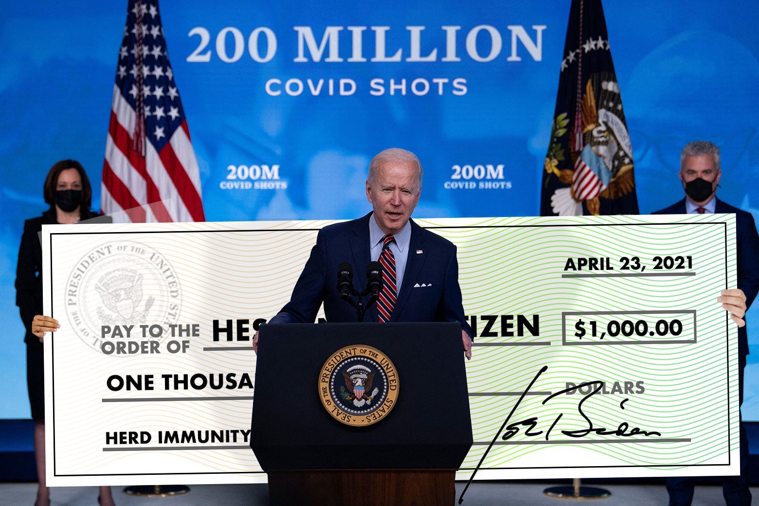 Joe Biden speaks in front of a 200 Million Covid Shots backdrop; a large novelty check for $1,000 to "Hesitant Citizen" with a memo line of "Herd Immunity" has been photoshopped behind him.