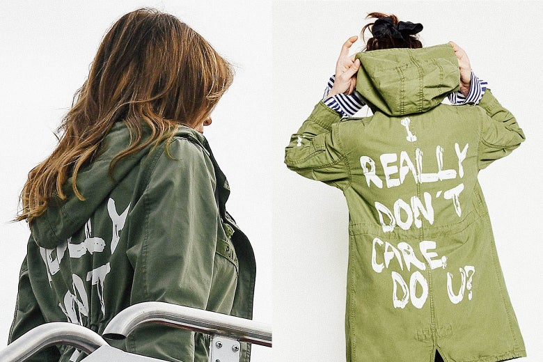At left: Melania Trump boards a plane in the green jacket. At right: A product shot of the back of the jacket with the lettering visible.