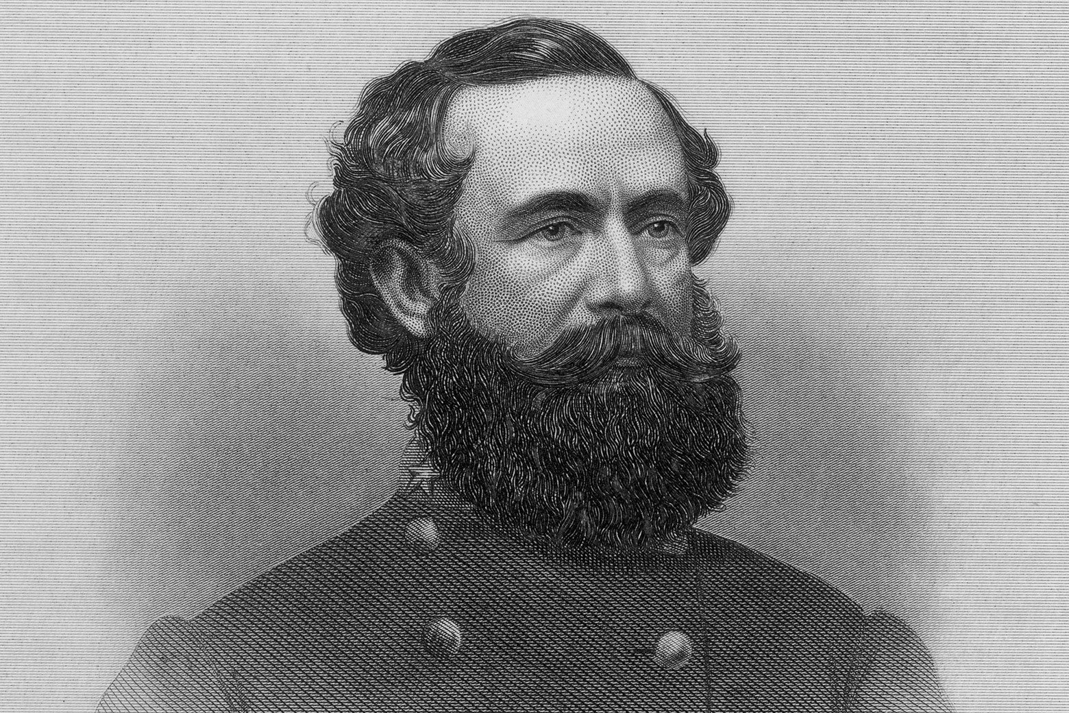 A black-and-white illustration of a dark-haired man with a large beard wearing what appears to be a military jacket.