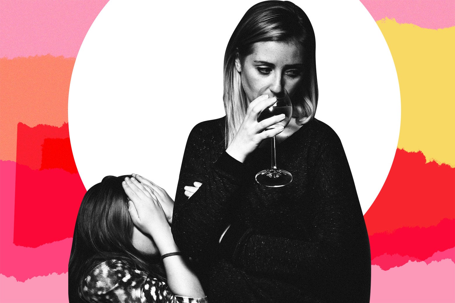 A mom drinking wine in front of her child.
