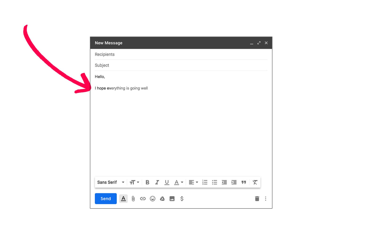 After a person types "I hope ev," Gmail fills in "everything is going well" to complete the sentence.