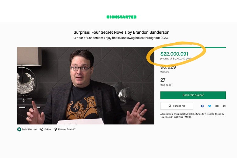 A screenshot of Brian Sanderson hitting the $22 million mark on Kickstarter.